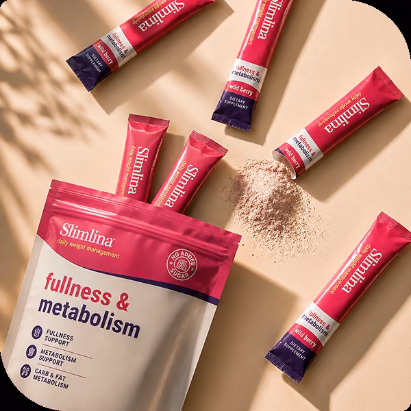 Öppnad förpackning Slimlina med flera portionspåsar utlagda framför